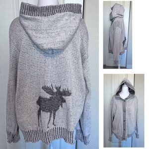 Vintage Binghamton Knitting Co Inc Hooded Cardigan Moose Made in USA Sz XL
